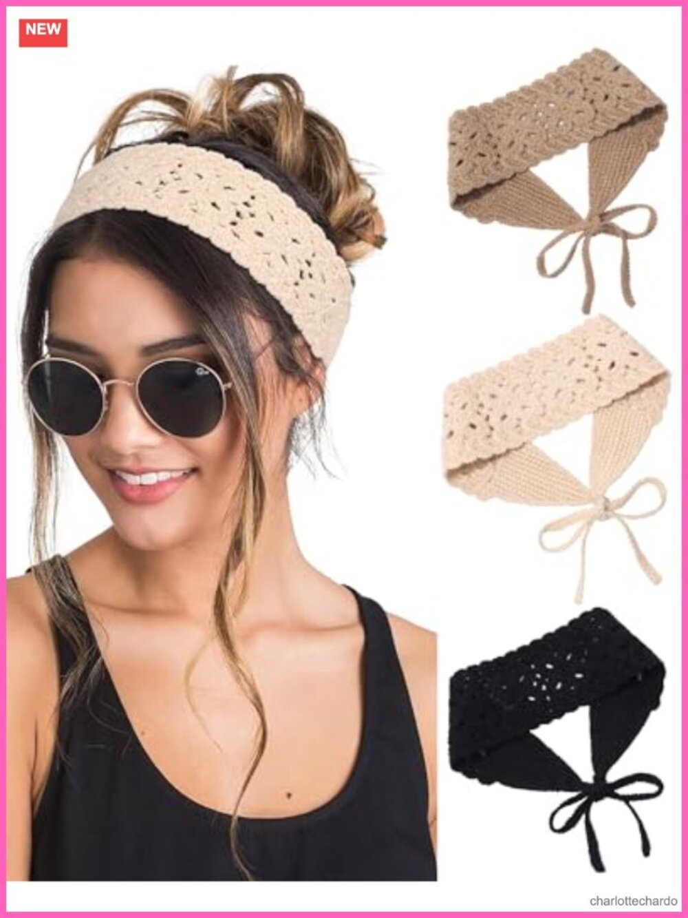 3Pc Crochet Knit Headbands Adjustable Tie Boho Hair Bandana Set